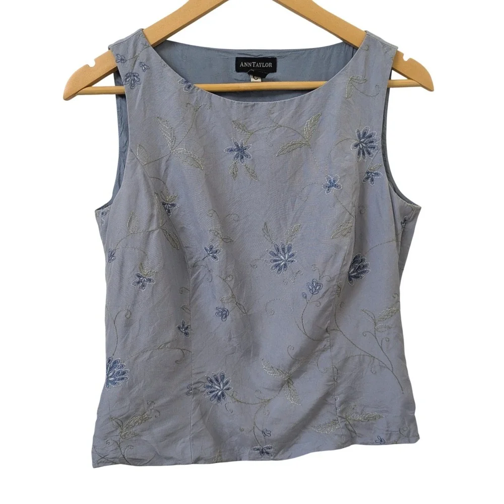 Vintage 90s Ann Taylor Silk Floral Embroidered Sleeveless Top Cottagecore Dainty